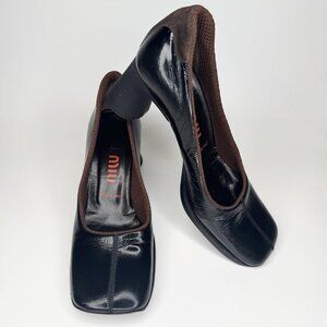 Miu Miu 90s Shoes 37 Real 38,5 Black Patent Leather Brown Square Toe Block Heel